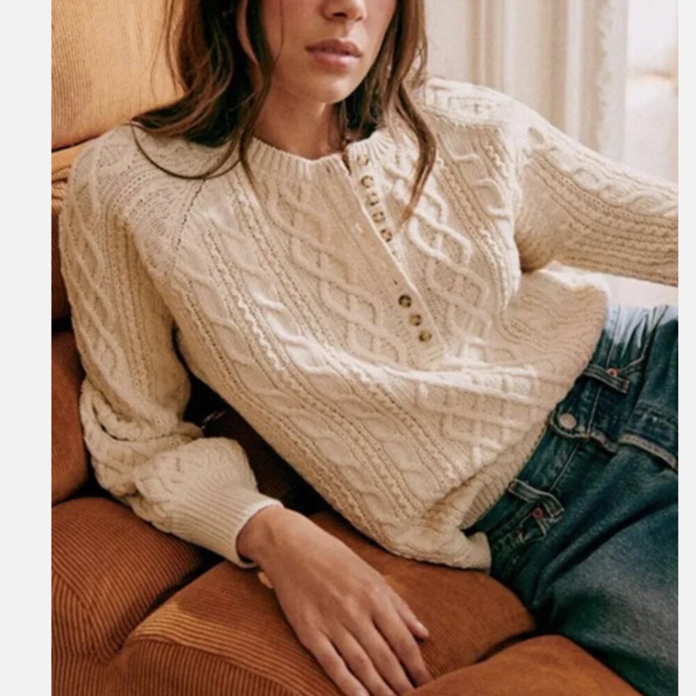 Sezane Bree Jumper Cream Cable Knit Sweater button white crew M Medium cotton